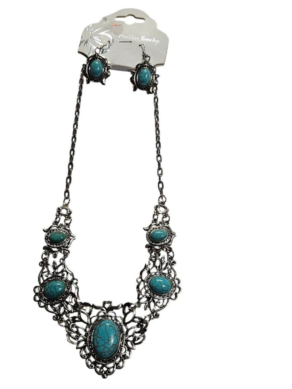 Silvertone Faux Turquoise Necklace and Earrings Set New